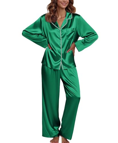 Image of Ekouaer Pajamas For Women Set Silk Pjs 2 Piece Satin Sleepwear Long Sleeve Button Down Lounge Sets With Pant