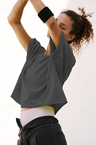 Summer Active Loose Womens Trendy Tops For Women Going Out Trendy Cotton Workout Cute Crop Tops Short Sleeve Yoga Cropped Shirts Casual Athletic Running Women's T-Shirts Teen Girls Dark Grey S #TOP1