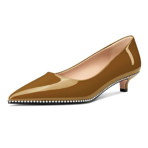 Image of Aachcol Womens Low Heel Pointed Toe Pumps Silver Beaded Kitten Heels Slip-on Comfortable Office Dress Shoes 1.4 Inches Heels