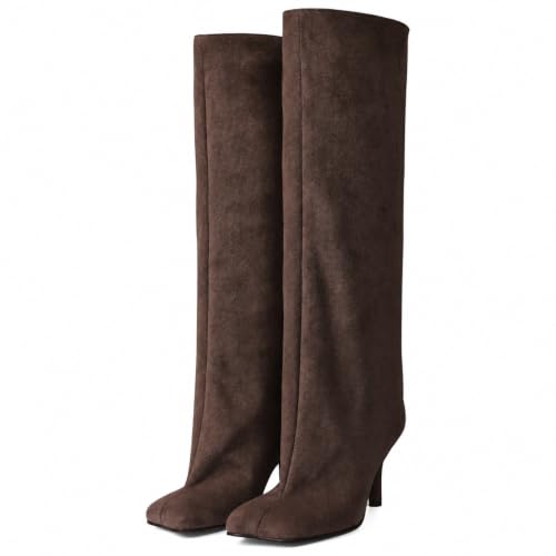 Image of DOBOYG Knee High Suede Boots for Women Wide Calf Square Toe Tall Boots | Stiletto High Heels Pull On Fashion Long Booties