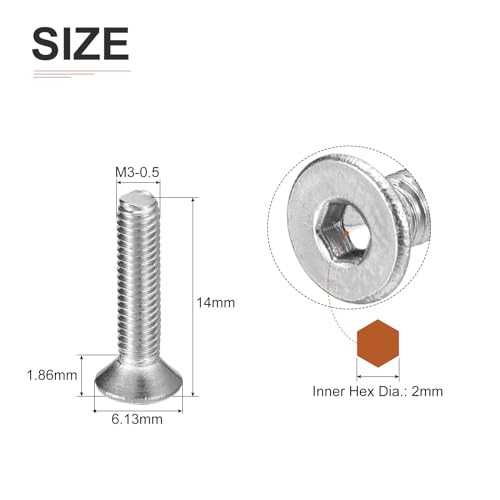 Image of DTGN M3-0.5 x 14mm Flat Head Socket Cap Screws, 100 Pack 304 Stainless Steel Hex Socket Flat Head Screws, Full Thread, Countersunk Bolts