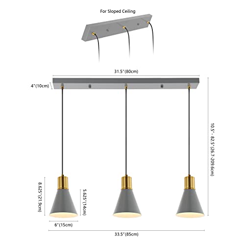 Image of JONATHAN Y Apollo Mid-Century 3-Light Pendant 33.5 inch, Gray /Brass Gold | Modern, Adjustable Height, Metal Cone Shade, Kitchen Island, Hallway, UL Listed, Slope-Compatible, LED Bulb Included