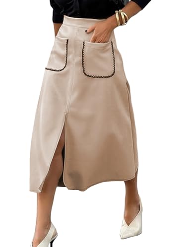 Happy Sailed Women's Faux Suede Skirt Elastic Waist Front Pockets A Line Midi Skirts Fall Winter Clothing