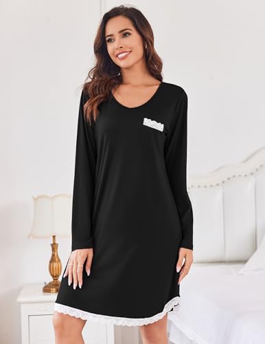 Ekouaer Womens Long Sleeve Nightgowns V Neck Sleepshirts Lace Nightshirts Casual T-shirt Sleep Dress with Pocket3