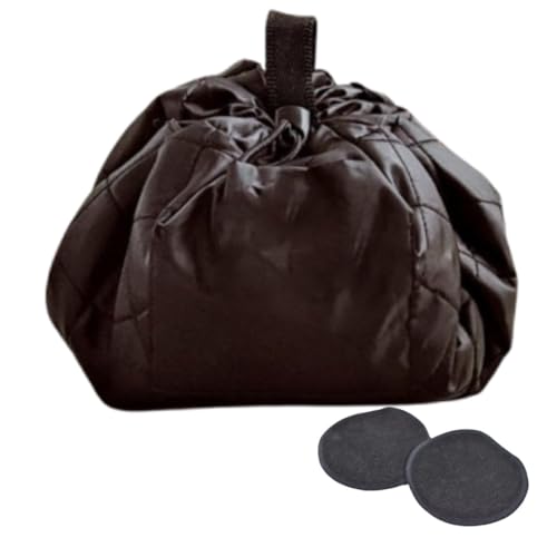 Neceser De Maquillaje Desplegable 50 cm, Organizador de Maquillaje De Viaje, Impermeable y Lavable con Bolsillos y Bandas Elásticas para Brochas, Incluye 2 Discos Desmaquillantes de Bambú (Negro)