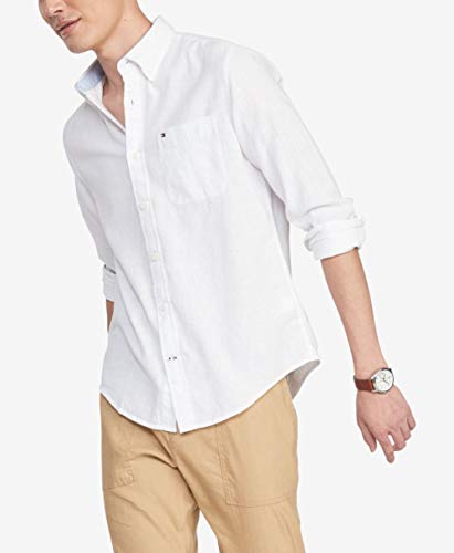 Tommy Hilfiger Men's Linen Long Sleeve Button Down Shirt in Classic Fit, Bright White, XXL