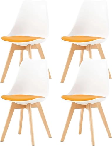 Image of My Art Design - Set of 4 Modern Style Mid Century Modern Dinning Room Cafe Hotel Office Wooden Legs Chair (White with Orange Seat)