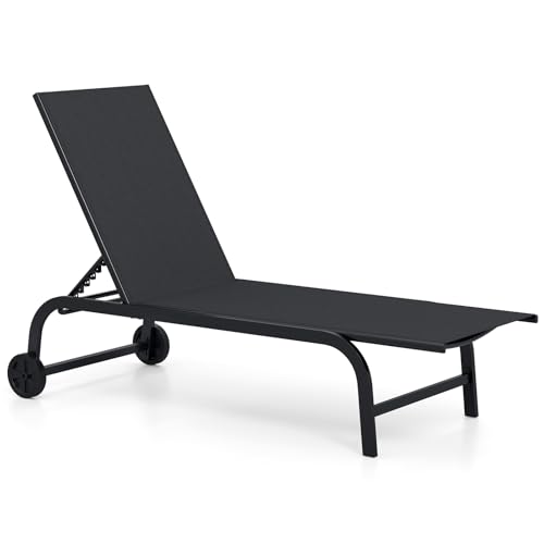 COSTWAY Sonnenliege mit Rollen Gartenliege mit 6-Fach Verstellbarer Rückenlehne und schnelltrocknendem Stoff Rollliege bis 150kg belastbar Liegestuhl für Garten Balkon Terrasse (Schwarz)