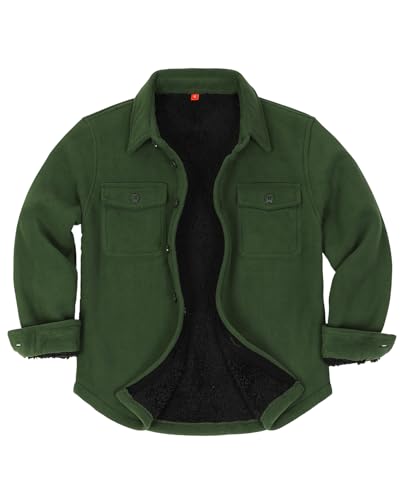 ThCreasa Unisex Boys Girls Winter Fleece Jacket Sherpa Lined Cute Flannel Shacket Christmas Dress Shirt Army Green XL 14-16