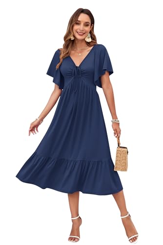 AUSELILY Women's 2025 New Summer Empire Waist Dress Drawstring Pleating Flutter Short Sleeve V Neck Midi Dresses3