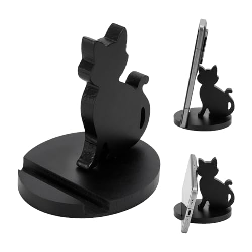NBEADS Soporte de madera para teléfono celular, tableta, soporte de teléfono con diseño de gato, decorativo, antideslizante, para varios modelos de teléfonos móviles y tabletas, color negro