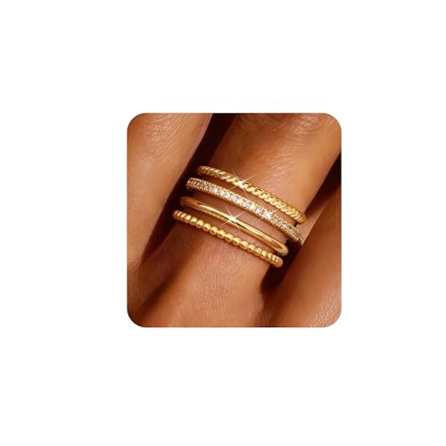 Roheafer 4 Stück Ringe Gold Silber Damen 14K Vergoldet Stapelringe Zirkonia Daumenringe Fingerring Wasserfest Verlobungsring Minimalistische Ringe Promise Ring Größe(G7)