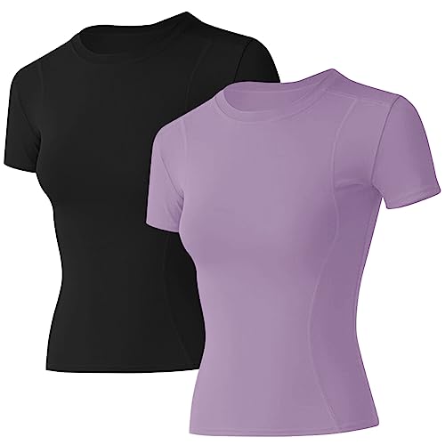 Image of Loovoo Women Workout Shirts, 1 /2 /3 Pack Short Sleeve Compression Tee | Tight Fit Gym Basic Tops, Athletic Quick Dry Crew Neck 4-Way Stretch, Flat Seams Ideal for Yoga, Gym, Running and Daily Wear