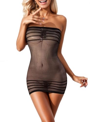 RNHGBB Women's Sexy Strapless Lingerie Mesh Sheer Tube Mini Dress Chemise Bodysuit Valentines Day Lingerie Black, Onesize 70-165lbs
