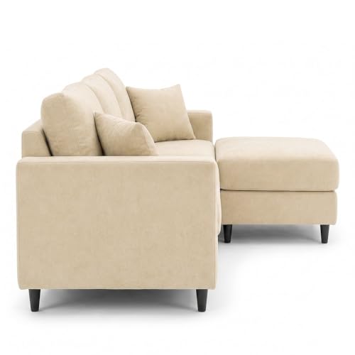 Image of FURNY Luxury Conva 3 Seater Sofa Set with Ottoman for Living Room |Soft Suede Fabric Upholstered | Modern Comfortable Couch for Home Office & Drawing Room | Cream