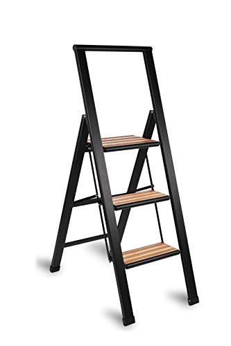 Sorfey Aluminum/Bamboo Folding 3 Step Ladder, Anti Slip, Sturdy, Slim Design, Heavy Duty