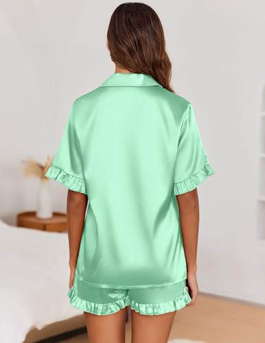 Image of Ekouaer Satin Pajama Set for Women 2 Piece Pj Sets Short Sleeve Sleepwear | Super Soft Silky Summer Loungewear Set with Ruffle Short Sleeve Top and Pocket Shorts, Casual Travel Daily Gift