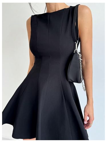 Image of Milumia Boat Neck A Line Flared Mini Dress Summer Casual Club Party Short Sleeveless Tank Dresses Black Medium