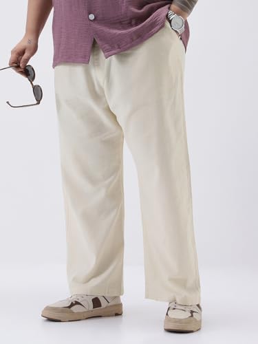 Image of Urbano Plus Men's Loose Fit Solid Linen Blend Trousers Non-Stretchable
