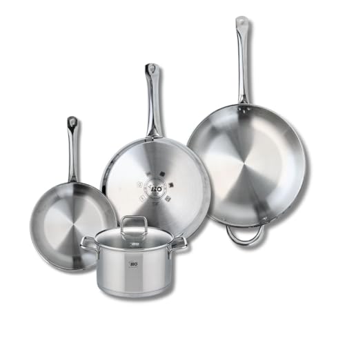 ELO 9511150 Batterie de cuisine 4 pièces, Ensemble de 3 Poêles de cuisson 24, 28 et 32 cm et 1 faitout 20 cm Elo Profi Citrin, inox, induction, Gris