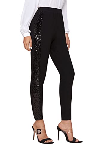 SweatyRocks Women's Elegant High Elastic Waist Sequins Pants Solid Skinny Cropped Pants