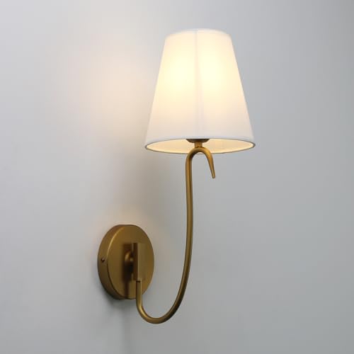 Image of Swan Neck Wall Sconce Fixture 1-Light with White Fabric Shade, Indoor Hardwired Rustic Boho Wall Light for Living Room Bedroom Bedside Nightstand Light