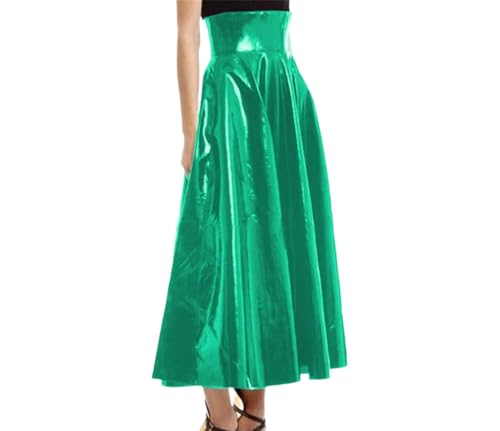 Womens High Waisted Faux Leather Pleated Skirt Flared Midi Swing Skirt with Zipper Back