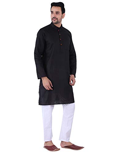 Image of JEXI Men's Cotton Blend Solid Kurta Pyjama Set - Knee-Length, Mandarin Collar, Full Sleeve, Ethnic Wear