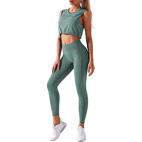 yeacher Conjunto feminino de 2 PCS para ioga sem mangas camiseta sem mangas com cordão elástico legg