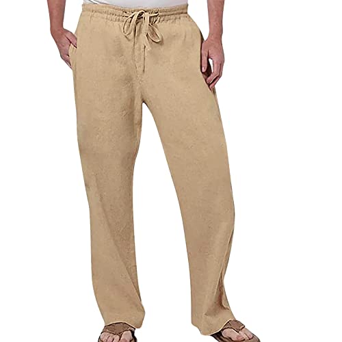 Men's Linen Pants Elastic Waist Drawstring Casual Long Pants Loose Fit Wear Lightweight Relaxed Fit Outdoor