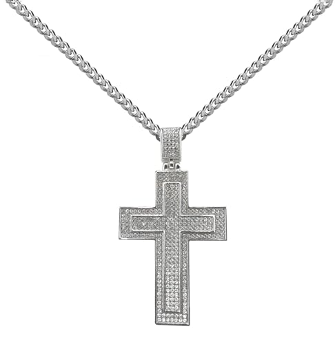 ORENTINI Collar de cadena de eslabones cubanos de 3,5 mm con colgante de cruz de plata de ley 925 o chapado en oro de 18 quilates con circonitas cúbicas de prestigio y cierre de pinza de langosta para