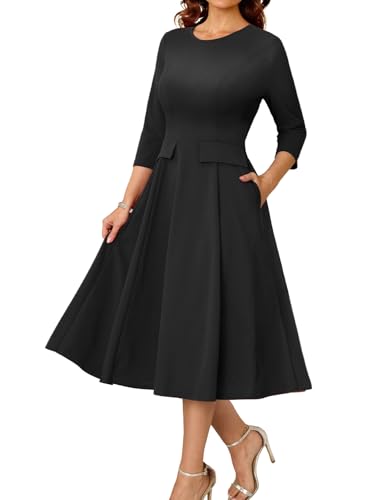 DRESSTELLS Black Cocktail Dresses for Women Formal Wedding Guest 2026, 50s Vintage Tea Party Aline Modest Funeral Dress with Pockets S