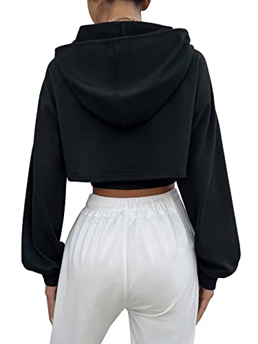 Sweatyrocks Women's 2 Piece Outfits Long Sleeve Pullover Crop Top Sweatshirts Hoodie And Cami Tank Top Set Black S #TOP1