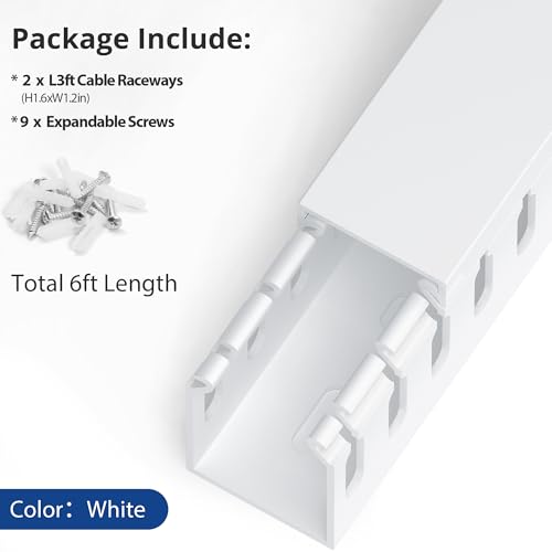 Image of 1.6 inchH x 1.2 inchW Cable Raceway, 6ft Under Desk Wire Management Channel, White | Slotted Wire Duct, 2 Pack (3 ft Each), Heavy-Duty PVC Cable Management for Server Racks, Network Cables & Electrical Cabinets