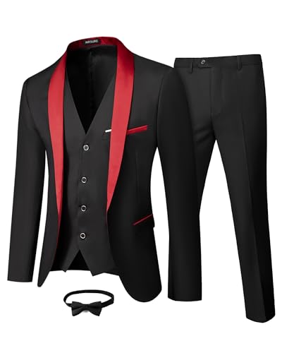 MrSure Men’s 3 Piece Slim Fit Suit, One Button Shawl Lapel Tuxedo, Premium Dinner Jacket Vest Pants & Tie Set