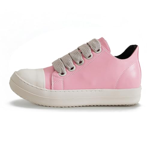 Generic Women's Low Top Casual Sneakers PU Leather Thick Laces Walking Shoes Comfy Platform Shoes Pink2