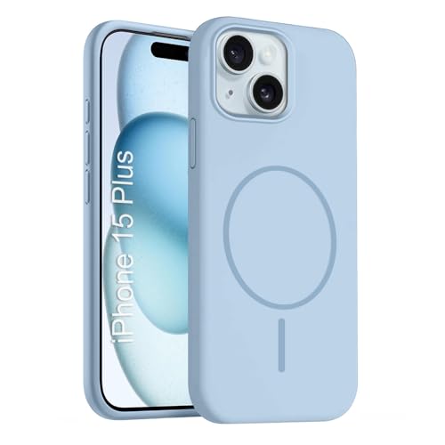 Image of iPhone 15 Plus Silicone Magsafe Case | Shock Proof Design & Camera Protection | Premium Rubberised Apple iPhone 15 Plus Cover (Microfiber Lining) | Magnetic Liquid Silicone - Sky Blue