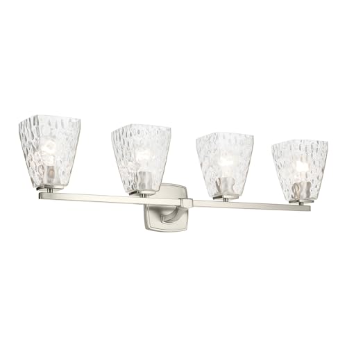 Image of Kichler Marant 33.25 inch 4-Light Bathroom Vanity Light Fixture with Clear Water Glass in Brushed Nickel, Modern Wall Mount Over Mirror for Powder Room (33.25 inch W x 9.5 inch H), 55217NIWTR