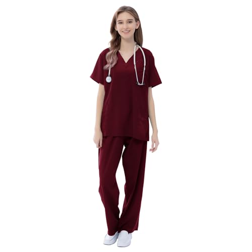 VICOGARD Scrubs Set for Women Medical UniformStretch V-Neck Top & Straight Leg Pants with 9 Pockets for Nurse Workwear (Burgundy 2XL)