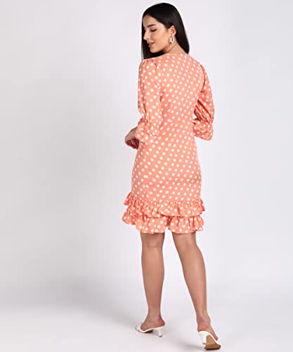 Image of Vahson Bottom 2 Layer Flared Balloon Sleeve V-Neck Dot Printed Short Knee Length Dress for Girls /Women