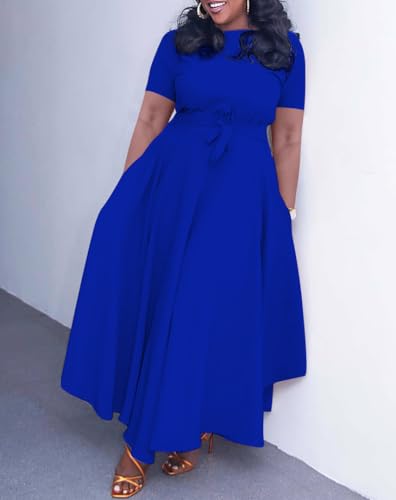 Image of Hostoyo Women Plus Size Formal A Line Maxi Dress Self Tie Waist with Pockets Elegant Round Neck Swing Long Dresses