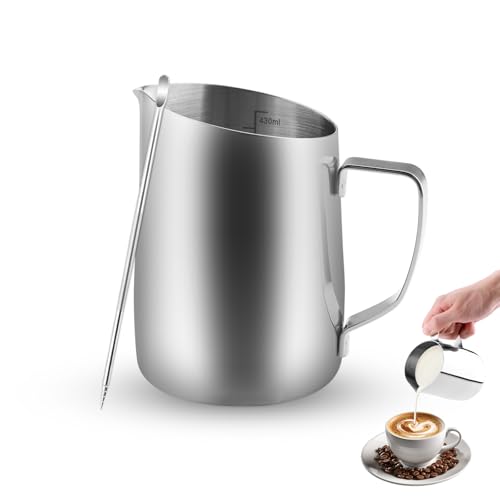Zosenyer Milchkännchen 450ml Milk Pitcher Edelstahl mit Messmarken und Latte Art Pen Ideal für Cappuccino Latte und Espresso Spülmaschinenfest Silber Milchschaumkännchen