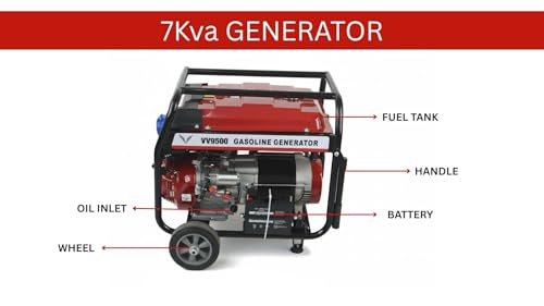 Image of Petrol Generator, 5kW Power Output, 25L Fuel Tank, Heavy Duty Steel Construction with Wheels, Red and Black, Petrol Powered, VV6500 (5.0, Kilowatts)