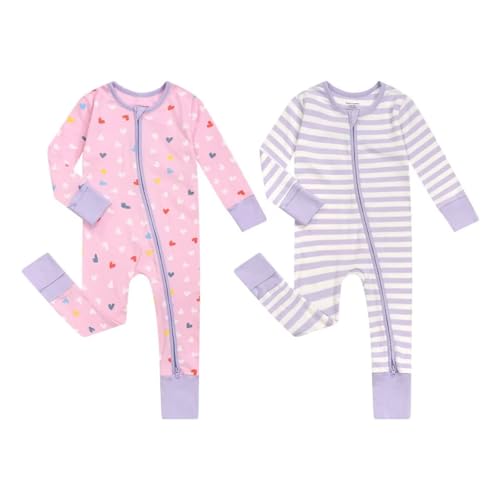 Teach Leanbh Unisex Baby 2 Pack Cotton Pajamas with Mittens and Feet Cuffs 2 Way Zipper Long Sleeve Romper Sleep and Play