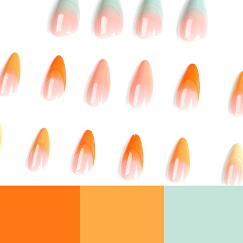 Press On Nails Mediumt Nude Fake Nails Glossy Almond False Nails With Multicolor Design Acrylic Nails For Women And Girls 24Pcs #TOP1