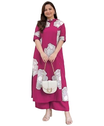 Image of ANNI Designer Women Viscose Blend Straight Fit Printed Kurta Palazzo Set | Mandarin Neck Outfit | Lightweight Breathable Fabric | Comfortable Elegant Styling for Office Casual Wear