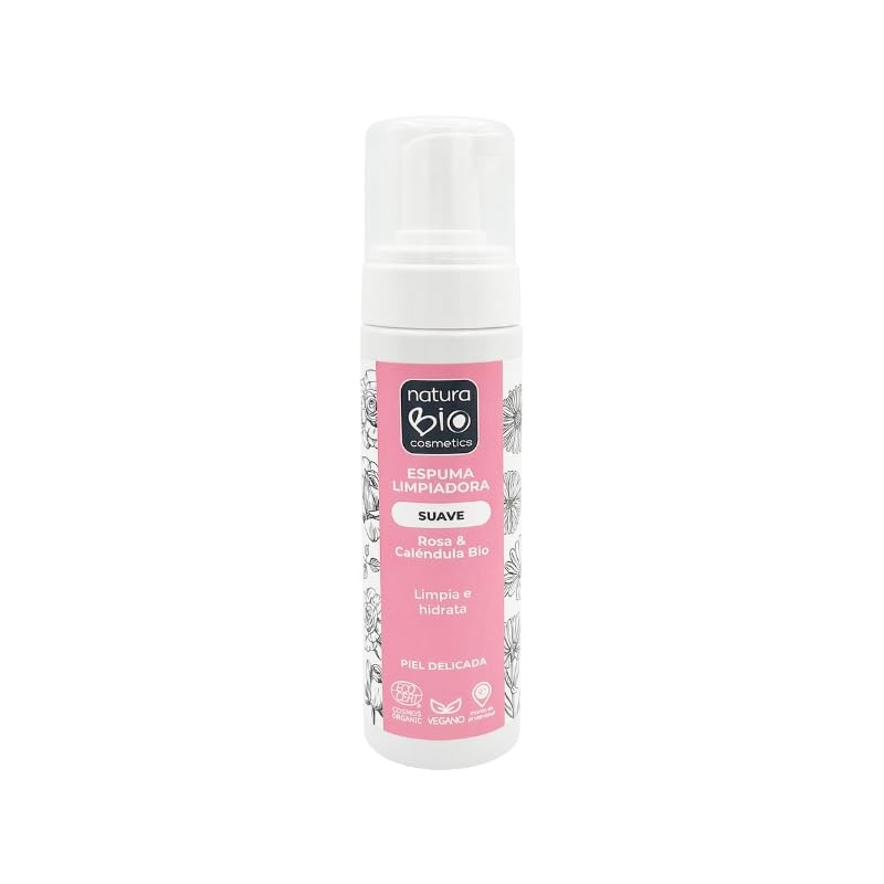 NaturaBio Cosmetics Espuma Limpiadora Facial Suave Vegana Piel delicada con Rosa y Caléndula BIO, 200ml