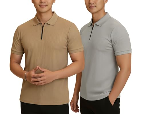 Image of MACK JONNEY Men's Cotton Self Design Polo T-Shirts | Front Half Zipper | Pack of 2 | Multicolour