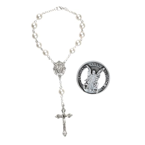 Needzo Catholic Auto Accessories, Pink Car Rosary for Rearview Mirror and Guardian Angel Visor Clip, Religious Gifts for New Drivers