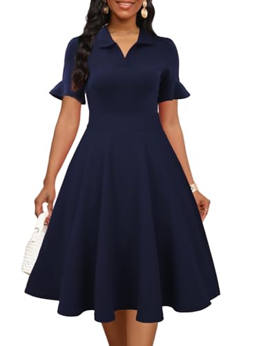 Image of Mokayee Womens Summer Ruffle Sleeve Collared V Neck Fit and Flare Elegant A line Swing Dresses with Pockets